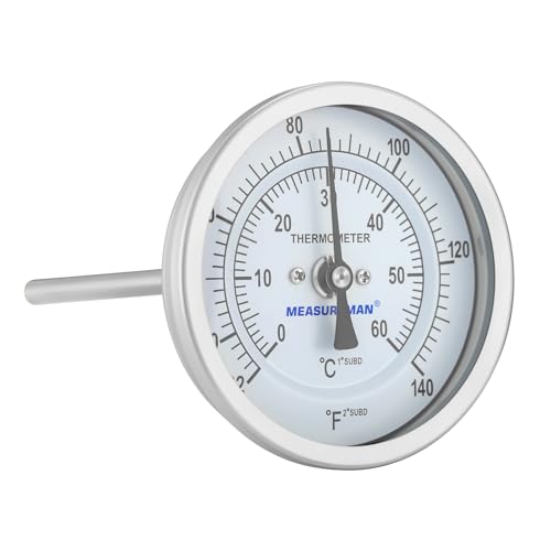 Measureman Fully Stainless Steel Bi-Metal Dial Thermometer, 3" Dial, 6" Stem, 32-140 deg F/0-60 deg C, +/-1% Accuracy, Adjustable, 1/2" NPT Back Mount - size: 32-140 deg F/0-60 deg C, style: 6" Stem