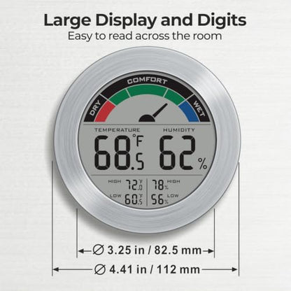 Digital Hygrometer Indoor Thermometer Humidity Meter Room Temperature Humidity Monitor, Metal Frame with Brushed Stainless Finish, DM9442 (Silver Stainless) - color: Silver Stainless