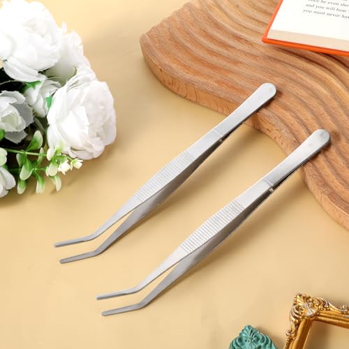 2 PCS 8 Inch Stainless Steel Tweezers with Curved Serrated Tip Kitchen Long Tweezers Set Heavy Duty Sewing Machine Tweezer Long Aquarium Tweezer Reptile Feeding Tongs for Cooking Crafting Repairing