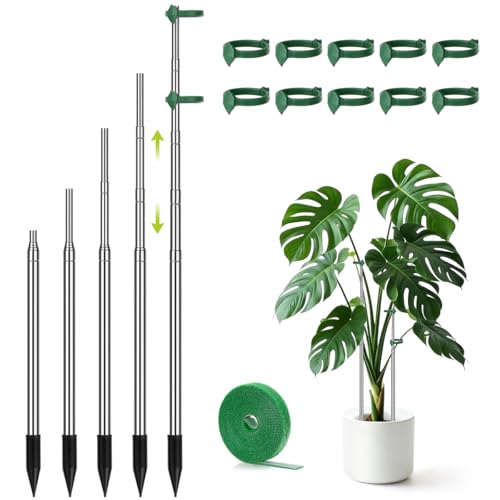 Aieve Extendable Plant Stakes, 13 to 49in Telescoping Monstera Plant Stakes | Stainless Steel Indoor Outdoor Garden Stake Support Sticks for Tomato Vegetables Monstera Vine, 5 Packs