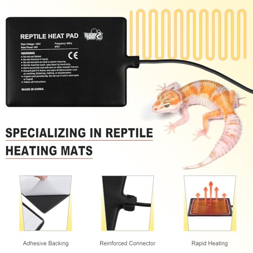 LUCKY HERP Reptile Heat Pad 6x8 Inch 8W Under Tank Terrarium Heating Mat, Reptile Heat Mat, Reptile Heating Pad for Turtle, Lizard, Hermit Crab, Frog, Snake - size: 6" X 8"