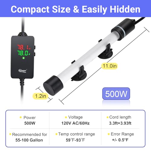 hygger ECO Precise Aquarium Submersible Heater, 500W for 55-100 Gallon Fish Tank Heater with Digital Display Adjustable Controller for Saltwater Freshwater - size: 500W for 55-100 Gallon