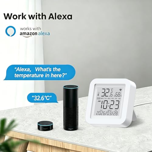 Smart WiFi Temperature Humidity Monitor: TUYA Wireless Temperature Humidity Sensor with APP Notification Alerts, WiFi Thermometer Hygrometer for Home Pet Garage,Compatible with Alexa