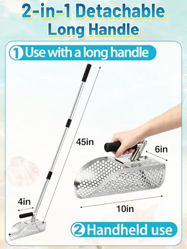 Biggun 2pcs Sand Scoop for Metal Detecting, 304 Stainless Steel Material | 45in Long Shark Tooth Sifter, Sand Shovel Sifter for the Beach Underwater Treasure Hunting, Metal Detector Scoop Accessories