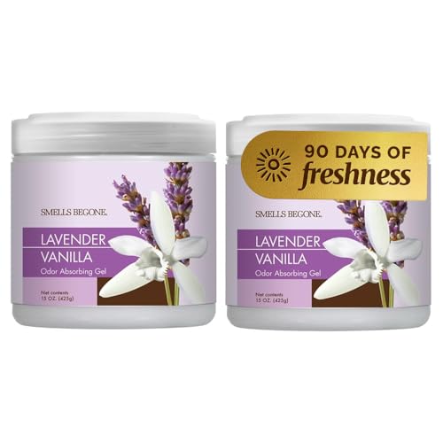 SMELLS BEGONE 15oz Gel Odor Eliminator - Absorb & Remove Tough Odors in Pet Areas, Bathrooms, Basements, Garage, Cars, RVs & Boats - Eliminate Odors Quickly (2-Pack, Lavender Vanilla) - size: 15 Ounce (Pack of 2)