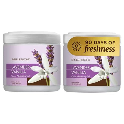 SMELLS BEGONE 15oz Gel Odor Eliminator - Absorb & Remove Tough Odors in Pet Areas, Bathrooms, Basements, Garage, Cars, RVs & Boats - Eliminate Odors Quickly (2-Pack, Lavender Vanilla) - size: 15 Ounce (Pack of 2)