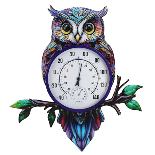 Large Outdoor Thermometer, Printed Owl Wall Thermometer | 22" Metal Indoor & Outside Thermometer with Large Number for Patio Home Room Decor - color: Multi Owl