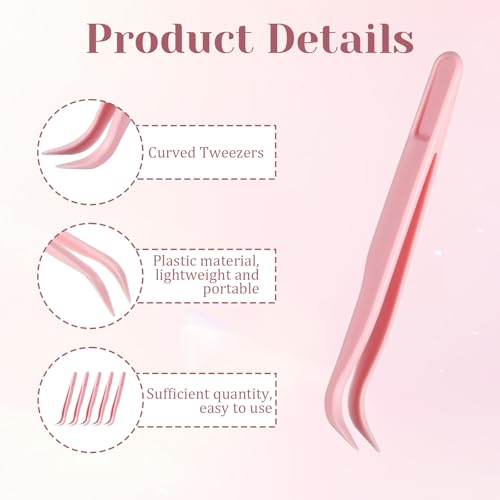 Xelsluthe 12 Pack Plastic Tweezers for Crafts, 4.5 Inch Bent Tweezers for Jewelry Making, Baking Decoration, Reptile Feeding, Bead Bracelets, Pink