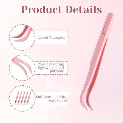 Xelsluthe 12 Pack Plastic Tweezers for Crafts, 4.5 Inch Bent Tweezers for Jewelry Making, Baking Decoration, Reptile Feeding, Bead Bracelets, Pink