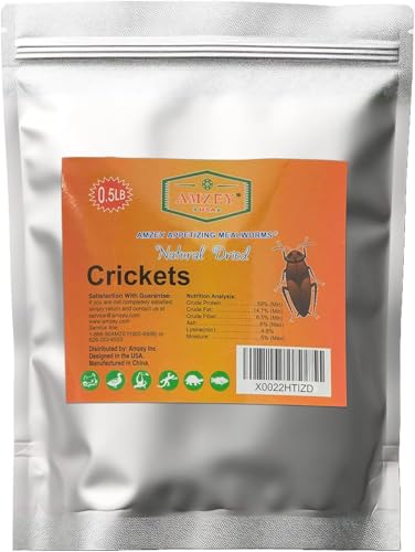 Amzey Appetizing Mealworms Natural Dried Crickets - Food for Bearded Dragons, Wild Birds, Chickens, Fish - (8 oz Resealable Bag) - Veterinary Certified