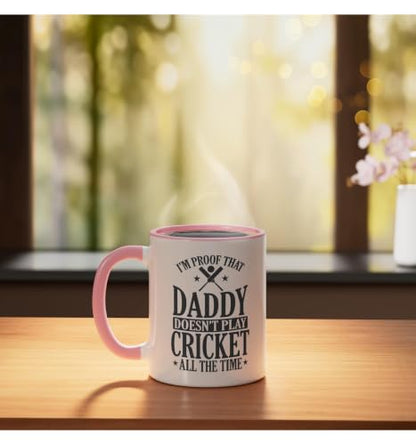 Daddy doesn't play Cricket all the Time Ceramic Mug, Pink/White, 11oz - color: Pink/White, size: 11 Ounces