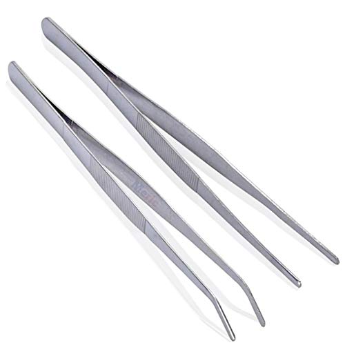 CoCoo Feeding Tongs for Reptiles, Stainless Steel Tweezers, 1 Straight Tip Nipper & 1 Curved Serrated Forcep, Feeds Mealworms, Crickets to Snakes, Geckos, Lizards, Tarantulas, 2pc