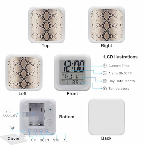 Snakeskin Print Alarm Clock, Boho Brown Beige Reptile Scales Animal Texture Digital Clock Night Light with 7 Color, Calendar Temperature 12/24H Display, Snooze Model Silent Desk Clocks for Bedroom