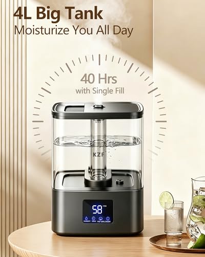 KZF 4L Top Fill Humidifiers for Bedroom & 40H Runtime - Cool Mist Humidifier, 3 Mist Levels, 8H Timer, Essential Oil Tray, Humidity Display, Quiet for Baby, Plants, Large Room (Black, 4L) - color: Black