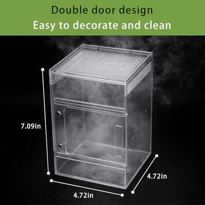 Jumping Spider Enclosure Kit, Waterproof Clear Acrylic Spider Terrarium, Front Opening + Top Access, Ventilated Insect Habitat with Moss Vine, Green Plant, 2 Moss Packs & Invisible Line (6-Piece Set)