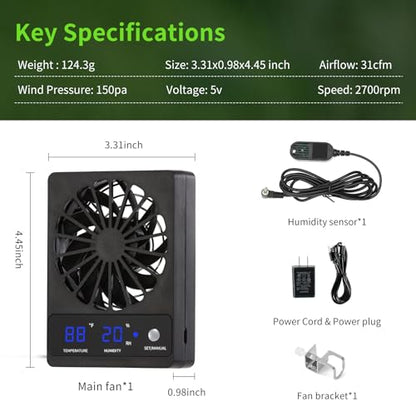 Reptile Tank Fan with Thermometer & Hygrometer | LED Display, Auto Ventilation for Enclosures & Terrariums