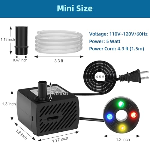 DaToo Mini Submersible Fountain Water Pump With LED Light 95GPH 5W Small Ultra Quiet Water Pump With Tubing For Aquarium Fish Tank Outdoor Pond Water Feature Fountain Statuary - size: 95GPH 5W(4 LED)