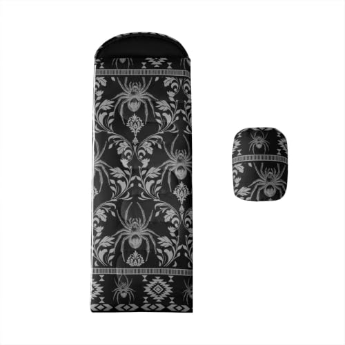Erosebridal Longhorn Cow Skull Sleeping Bag for Kids Goth Witchy Damask Camping Blanket for Hiking Travel Hunting Sleep Bag - color: Black Giant Spider