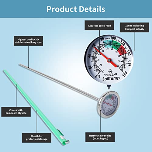 Soil Thermometer, 5 Inch Stainless Steel Stem, Waterproof, Easy-to-Read | Soil Temperature Thermometer For Backyard Compost, Ground, Garden Soil, 0-180 Fahrenheit and Celsius - size: 5''