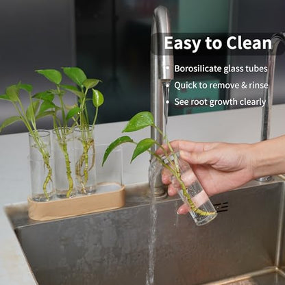 Plant Propagation Station with LED Grow Light, Wooden Stand & 4 Glass Tubes | For Hydroponic Plants, 3 Lighting Modes and 9 Brightness Levels; Desktop Plant Decor and Gift for Plant Lovers