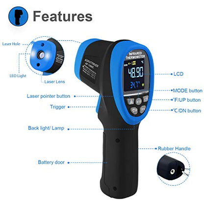 High Temp Thermometer Gun -58°F~2732°F Dual Laser Industrial Pyrometer | Color LCD Backlight,Digital IR Temperature Gun 30:1 Adjustable emissivity 0.1-1.0. Hi/Lo Temp Alarm. Flashlight. - color: Colorful LCD AP-1500C