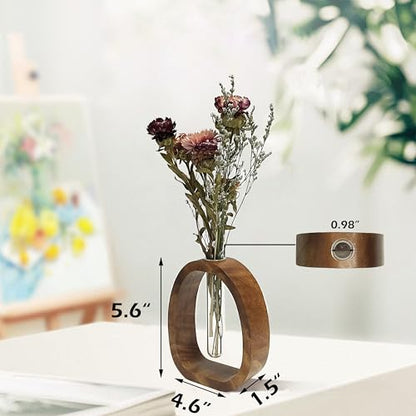 Wooden Glass Test Tube Vase Flower Holder | Plant Vase, Small Plant Terrarium Display, Desk Décor