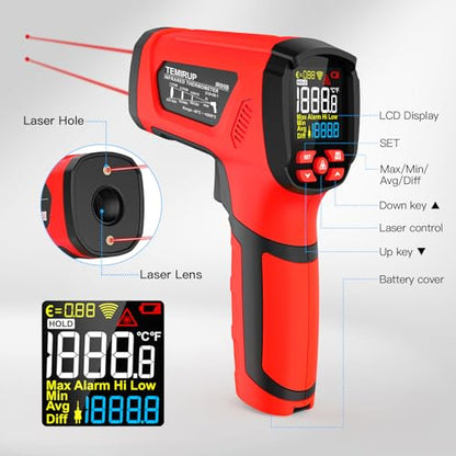 Infrared Thermometer Temperature Gun, -40℉-3632℉, Non Contact Digital Laser Thermometer Pyrometer 50:1 High Temp with Color LCD Display for Industrial HVAC Forge Metal Smelting - color: Red -40°F-3632°F (-40-2000°C)