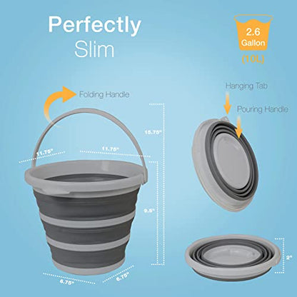 Brookstone Collapsible Bucket, Foldable Cleaning Bucket with Handle, Household Essentials Cleaning Basin and Dust Mop Bucket, Collapsible Wash Basin for Car Cleaning, [2.6 Gal. 10L] Round, Grey - color: Grey, Round, size: 2.6 Gallon
