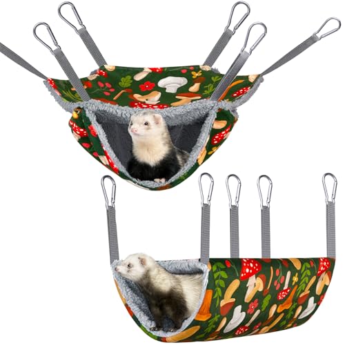 Bienbee 2 Pcs Ferret Rat Hammock Set for Cage Washable Guinea Pig Hideout Bed Soft Small Animal Hammock Tunnel Toys Ferret Cage Accessories for Hedgehog Sugar Glider Squirrel Hamster, Green Mushroom