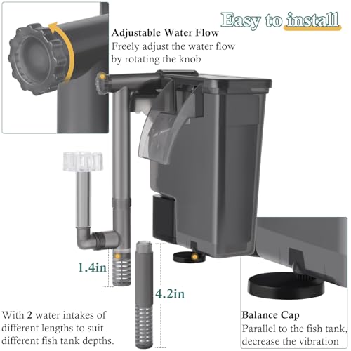 5W Hang on Aquarium Filter: Ultra Quiet 124 GPH Fish Tank Filter with Filter Sponge and Activated Carbon, Adjustable Waterfall Filter for 5-15 Gallon Fish Tank