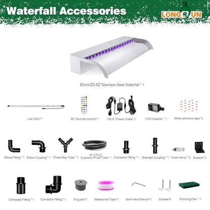 Waterfall Pool Fountain, LONGRUN Stainless Steel Waterfall Spillway for Pools and Ponds - 23.6" Wide Decorative Water Feature for Swimming Pools, Koi Ponds, and Garden - size: 23.6 inch Stainless Steel(Curved)