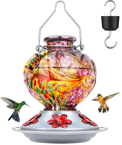 Hummingbird Feeders for Outdoors Hanging, Hand Blown Glass, Purple | 22oz, with Ant Moat, 5 Bee-Proof Ports, Leak-Proof, 360° Perch, Easy Refill & Clean, Garden Decor Gifts for Women Men Mom Dad - color: Purple