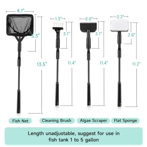 hygger Small Aquarium Cleaning Tools, 4 in 1 Fish Tank Cleaner Kit with Handle,Fish Net,Algae Scraper,Clean Brush,Flat Sponge - size: Small