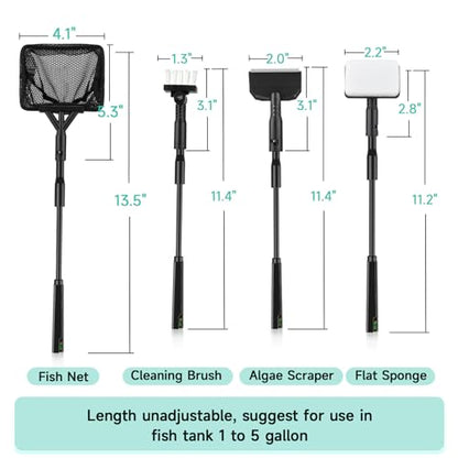 hygger Small Aquarium Cleaning Tools, 4 in 1 Fish Tank Cleaner Kit with Handle,Fish Net,Algae Scraper,Clean Brush,Flat Sponge - size: Small