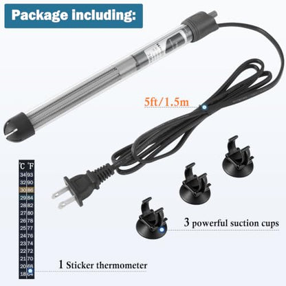 HITOP 200W Adjustable Aquarium Heater, Submersible Fish Tank Heater Thermostat with Suction Cups for 30-45Gal - size: 10.4in-200w