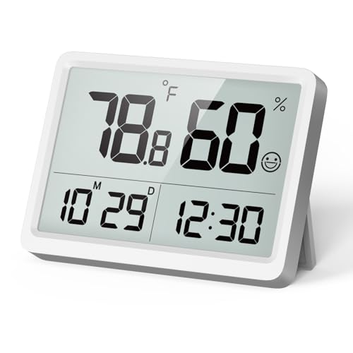 Indoor Thermometer Hygrometer with Clock, Room Temperature Monitor | Calibration, 3.62 LCD, 3-Way Mount, 10s Refresh, Date Display, Comfort, Baby Room, Greenhouse, Guitar, CR2450 Battery - color: White