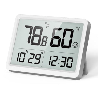 Indoor Thermometer Hygrometer with Clock, Room Temperature Monitor | Calibration, 3.62 LCD, 3-Way Mount, 10s Refresh, Date Display, Comfort, Baby Room, Greenhouse, Guitar, CR2450 Battery - color: White