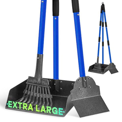 Larger Dog Pooper Scooper for Large Medium Small Dogs Stainless Steel | Heavy Duty No Bending with Rake & Shovel & Extra Large Tray for Yard - color: 2.Blue with black
