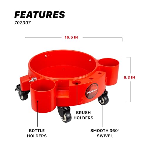 Maxshine Universal Rolling Bucket Dolly – Heavy-Duty, 5 Wheels with 2 Locks, Tool Organizer – 360° Mobility for Car Wash Supplies & Auto Detailing Organization (Red) - color: Bucket Dolly (Red)