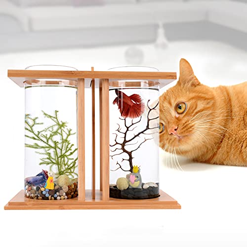 Creative Bamboo and Wood Ecological Fish Tank Creative Fish Tank Small Fish Tank Betta Fish Tank Aquaponic Fish Tank with Dual Glass LED Divider Wood Base DIY Landscape Desktop Aquarium