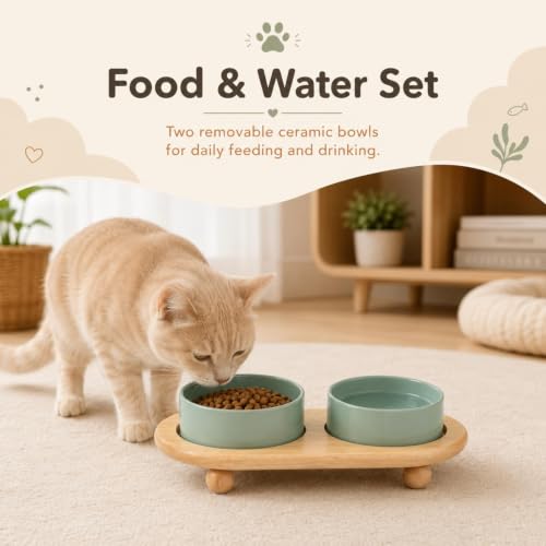 Havniva Raised Cat Bowl 5.1” Elevated Ceramic Cat Food and Water Bowl Set | Cat Bowls Elevated, Whisker Friendly Cat Bowl, Non-Slip Wood Stand, Food-Grade Ceramic, Wide Opening, Dishwasher Safe - color: Light Green, size: 2 Bowls+Tray - 5.1"