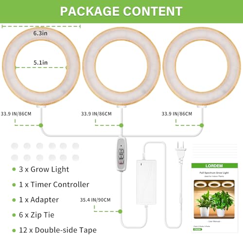 LORDEM 6.3" Bamboo Ceiling Grow Lamp for Indoor Plants, 216 LEDs Full Spectrum Halo Plant Light, Under Cabinet Grow Lights with 4/8/12H Auto Timer Switch Modes, 4 Dimmable Brightness Levels, Tri Head - color: Triple Light--Bamboo