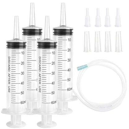 60cc Plastic Syringe - Large Syringe for Liquid with 40" Tubing, Syringes for Liquid, 4 Pack - size: 60ml