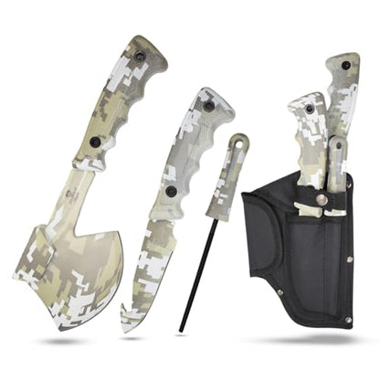 Snake Eye Tactical Heavy Duty 3PC Hunting & Camping Set – Full Tang Camping Axe, 9.5" Fixed Blade Gut Hook Knife, Sharpening Rod, and Heavy Duty Nylon Combo Sheath Included (Grey Camo) - color: Grey Camo