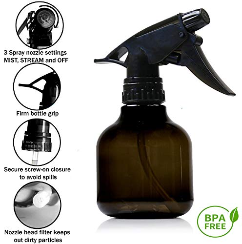 Black Plastic Spray Bottles - 8 Oz, Pack Of 3, Leak Proof, BPA Free Material, Small Spray Bottle, Adjustable Trigger Mist to Stream And Off Modes.