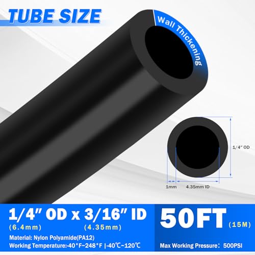 1/4" Air Line Tubing Kit, 50 FT(15M) DOT Air Line PA Nylon Tubing with Push to Connect Fittings, 1/4 Inch OD Quick Connect Air Hose Kit for Compressor Accessories System (75 Pcs) - size: 75PCS & 50FT 1/4" Air Line