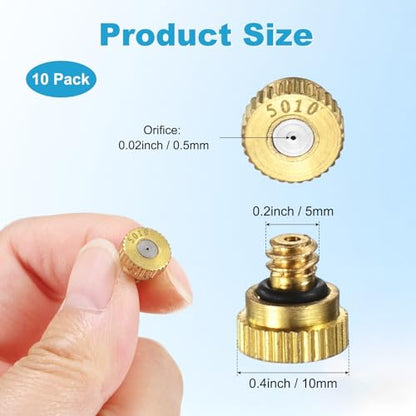 M METERXITY 10-Pack Brass Misting Nozzles, 0.02inch/0.5mm Orifice Heavy Duty 10/24 UNC Screw Thread Misting Nozzle Plug for Outdoor Spray Cooling System/Patio Mist System/Dust Control - size: 0.02inch/0.5mm