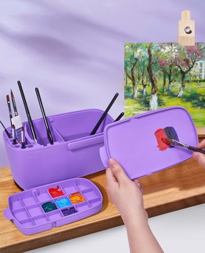 GAMENOTE Paint Brush Cleaner, Paint Brush Holder and Palette, Purple | All-in-one painting station washes and rests brushes, mixes colors, and stores paint in 18 wells with a portable handle. - color: Purple