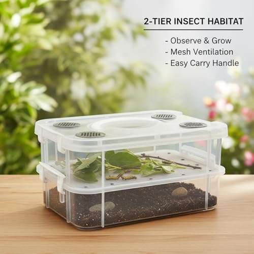 Mealworm Breeding Kit, 24x16x13cm Clear Plastic Reptile Breeding Box with Automatic Waste Separation & Cleaning Tools, Critter Keeper Container for Bearded Dragon Lizard Spider