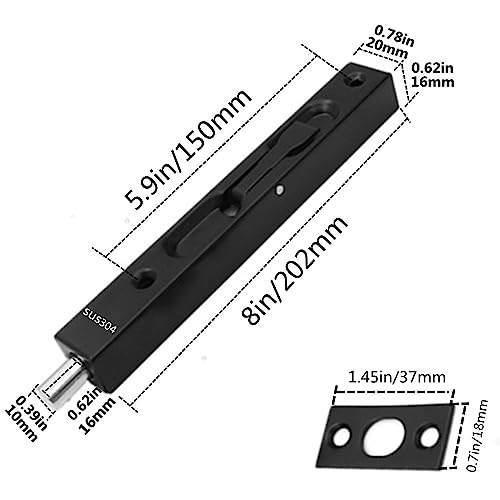szhdxsy 2-Pack Hidden Latch & Bolt 304 Stainless Steel 8 inch(202cm) Security Door Bolt Latch, Double Door Lever Action Flush Bolt Latch, French Door Slide Bolt Lock,Black
